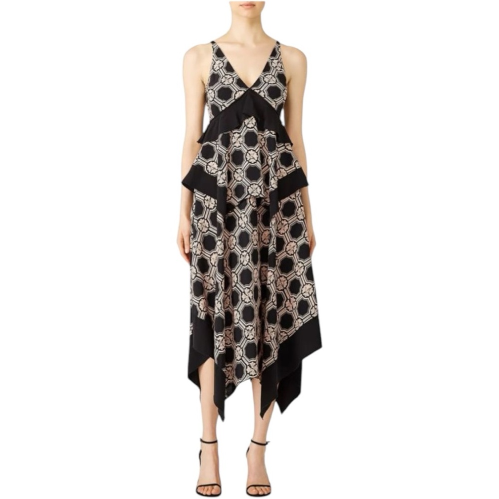 Derek Lam 10 Crosby Black Cream Print Midi Dress size 6 Handkerchief Hem Silk